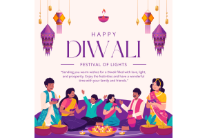  A colorful scene of Diwali celebrations, featuring lit diyas, rangoli patterns, and fireworks.